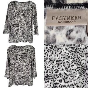 Chicos Tunic Shirt Womens 2 US L White Black Animal Print Art To Wear Stretch
